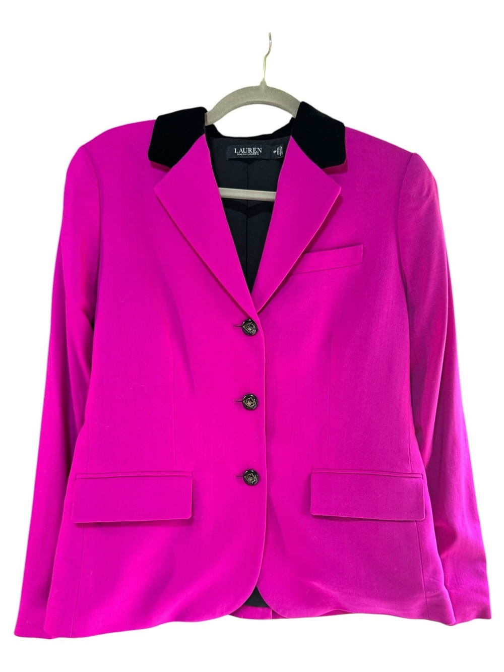 LAUREN Ralph Lauren Fuchsia Pink Wool Blend Equestrian Blazer BlackVelvet Collar